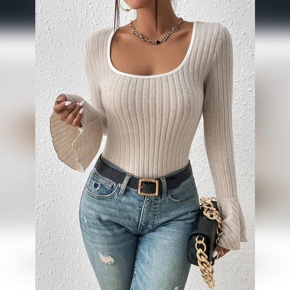 Shein Curve Square Neck Flounce Sleeve Wide Ribbed Knit Cream 2XL - Picture 5 of 6